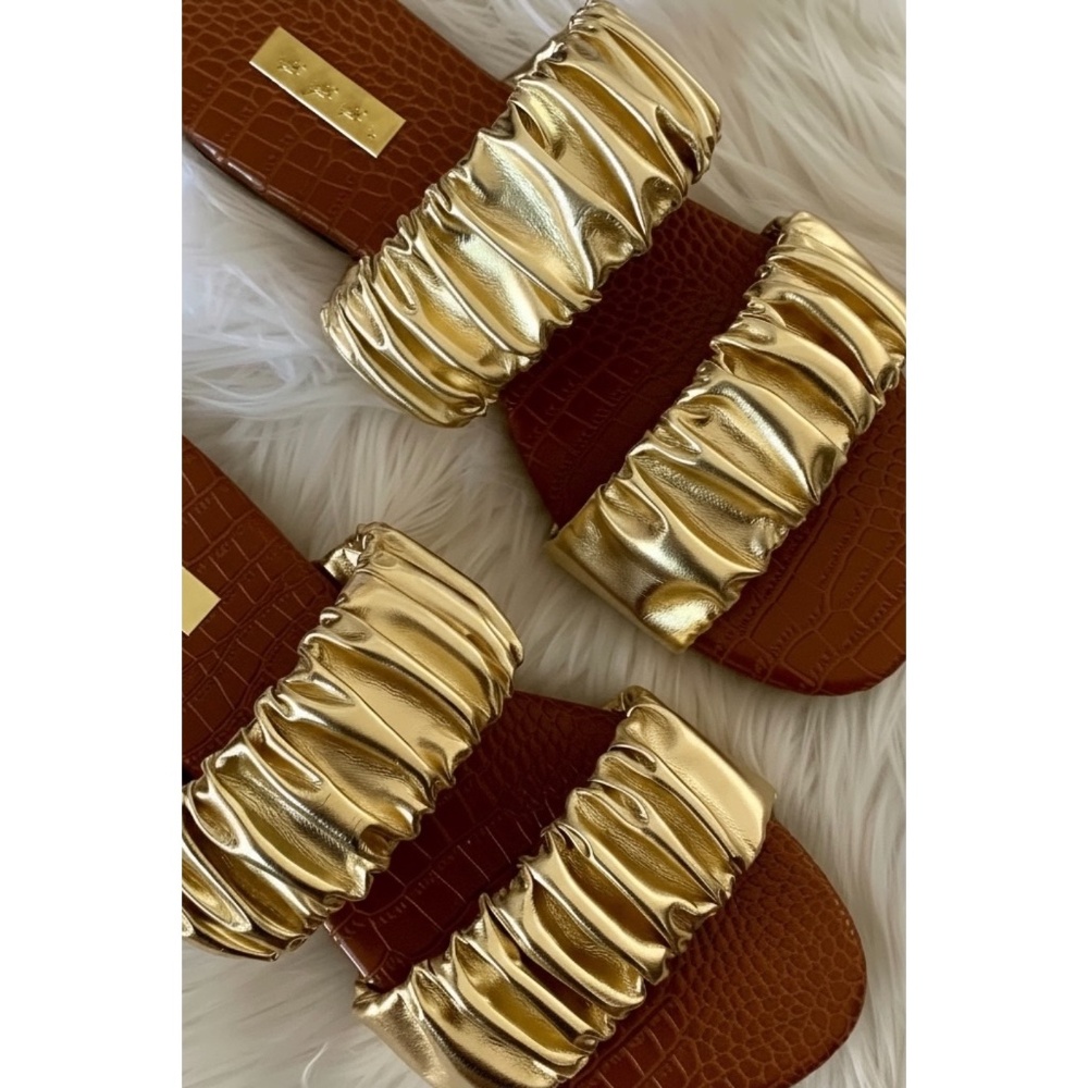 Qupid Gold Ruched Slip On Sandals | Metallic Scrunch Flat Slides - Picture 8 of 9